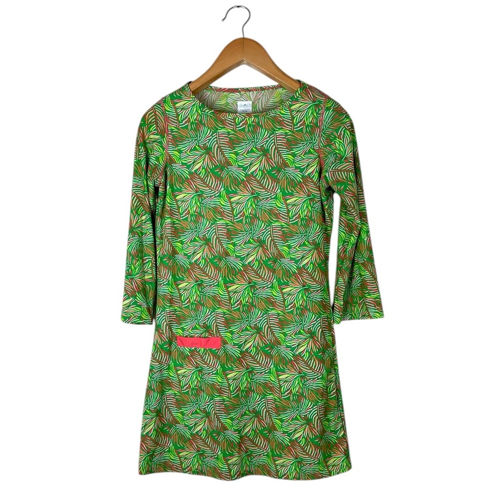 Cabana Life Women’s Small Green/Orange Tropical Fern Shift Dress Tunic Pocket